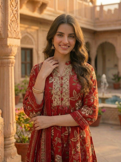 Floral Printed & Embroidered Anarkali Kurta with Pant & Dupatta - Red