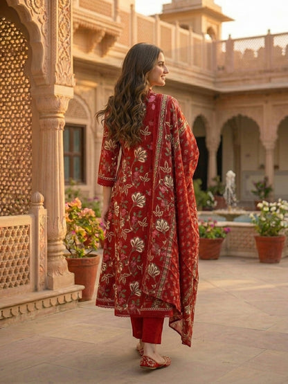 Floral Printed & Embroidered Anarkali Kurta with Pant & Dupatta - Red