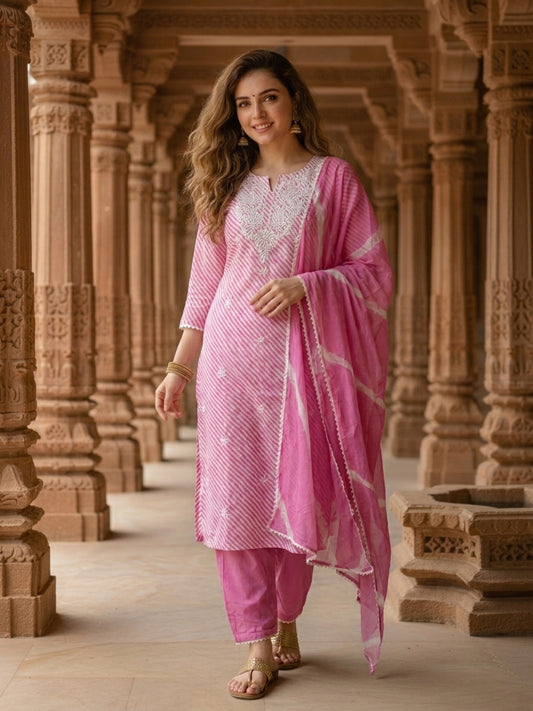 Lehariya Printed & Embroidered Yoke Straight Kurta with Pant & Dupatta - Pink