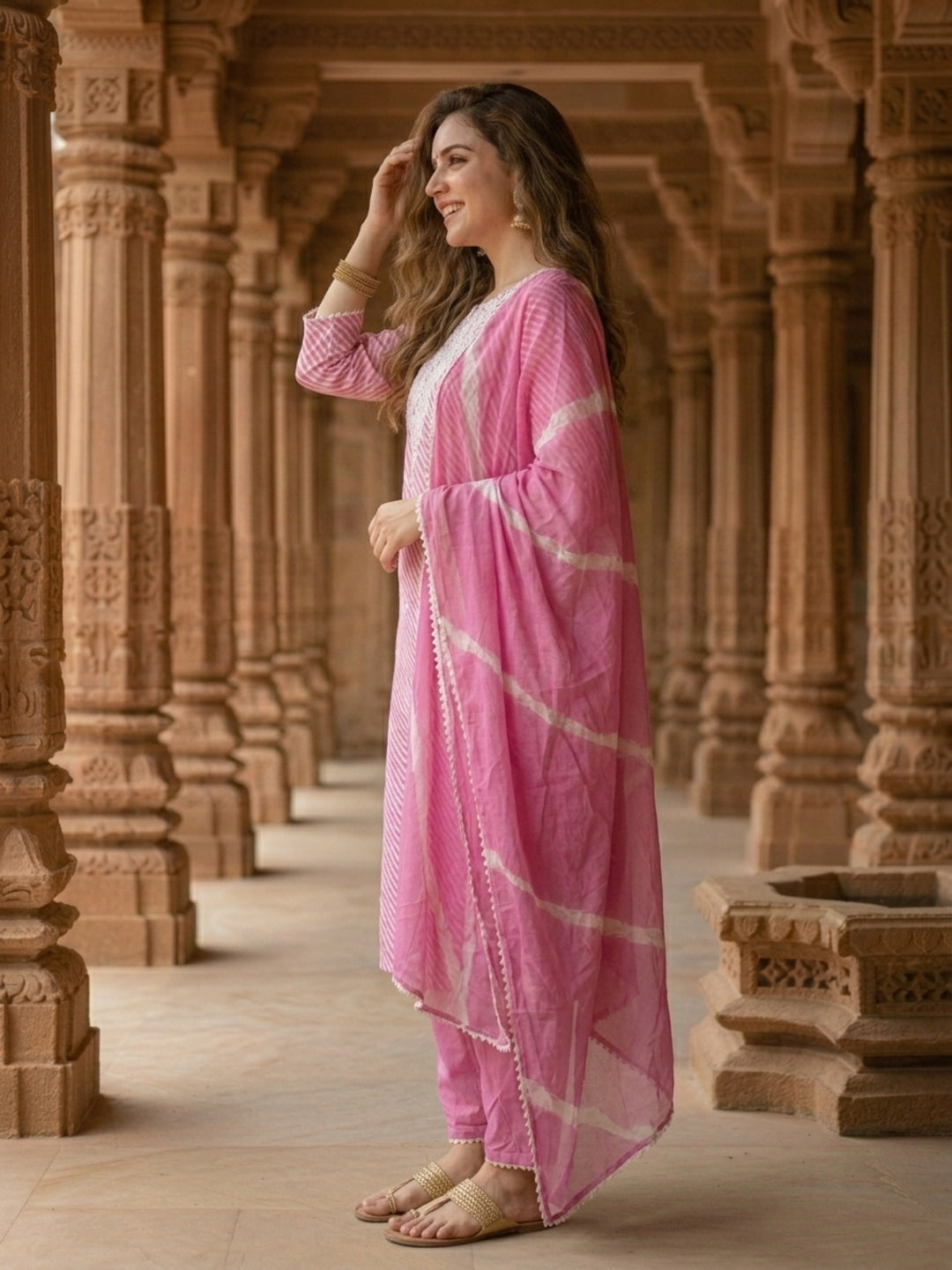 Lehariya Printed & Embroidered Yoke Straight Kurta with Pant & Dupatta - Pink