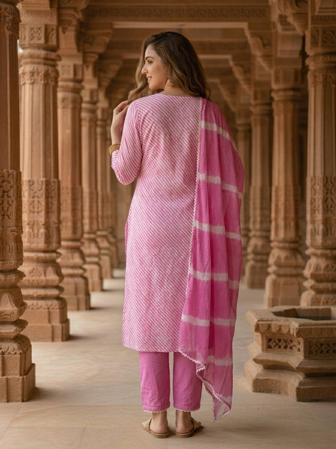 Lehariya Printed & Embroidered Yoke Straight Kurta with Pant & Dupatta - Pink