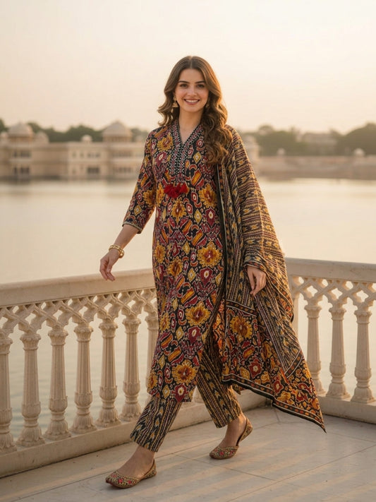 Ethnic Floral & Geometric Printed Straight Kurta with Pant & Dupatta - Black & Multicolour