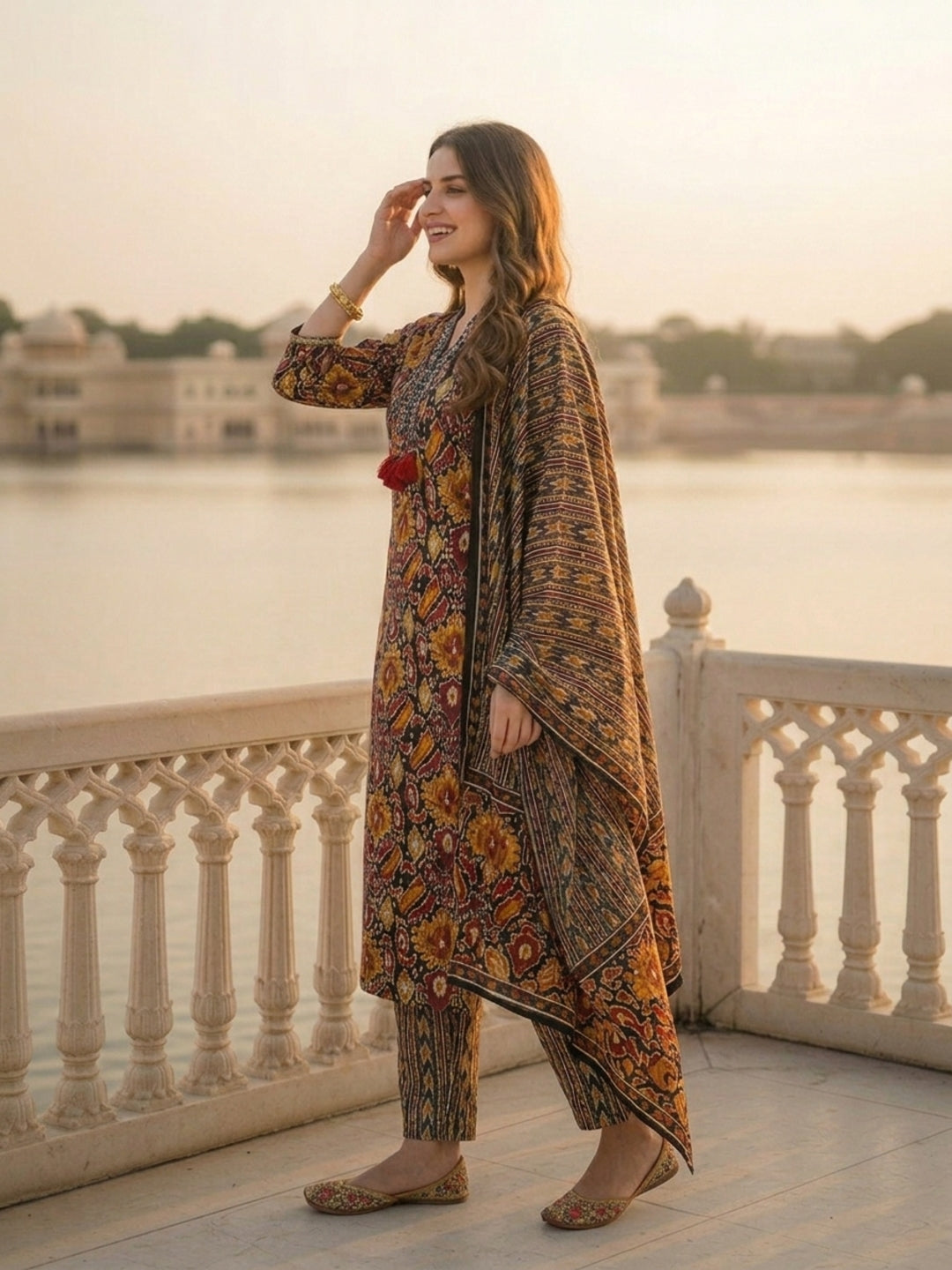 Ethnic Floral & Geometric Printed Straight Kurta with Pant & Dupatta - Black & Multicolour