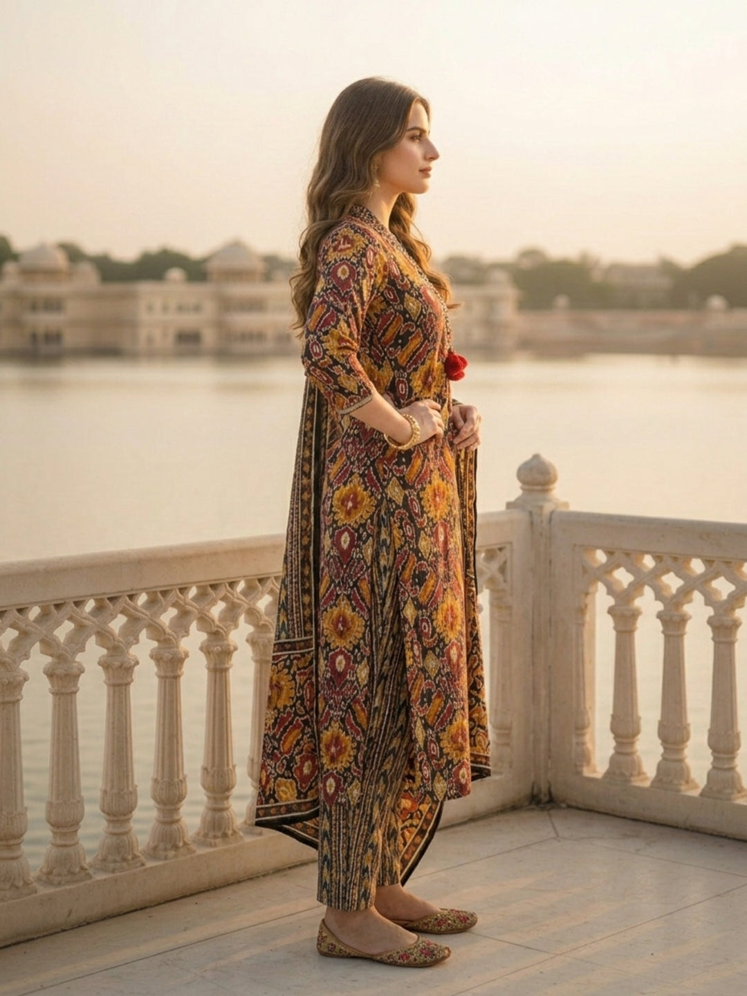 Ethnic Floral & Geometric Printed Straight Kurta with Pant & Dupatta - Black & Multicolour
