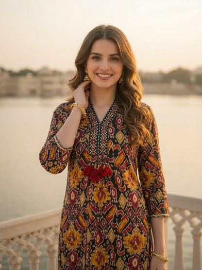 Ethnic Floral & Geometric Printed Straight Kurta with Pant & Dupatta - Black & Multicolour