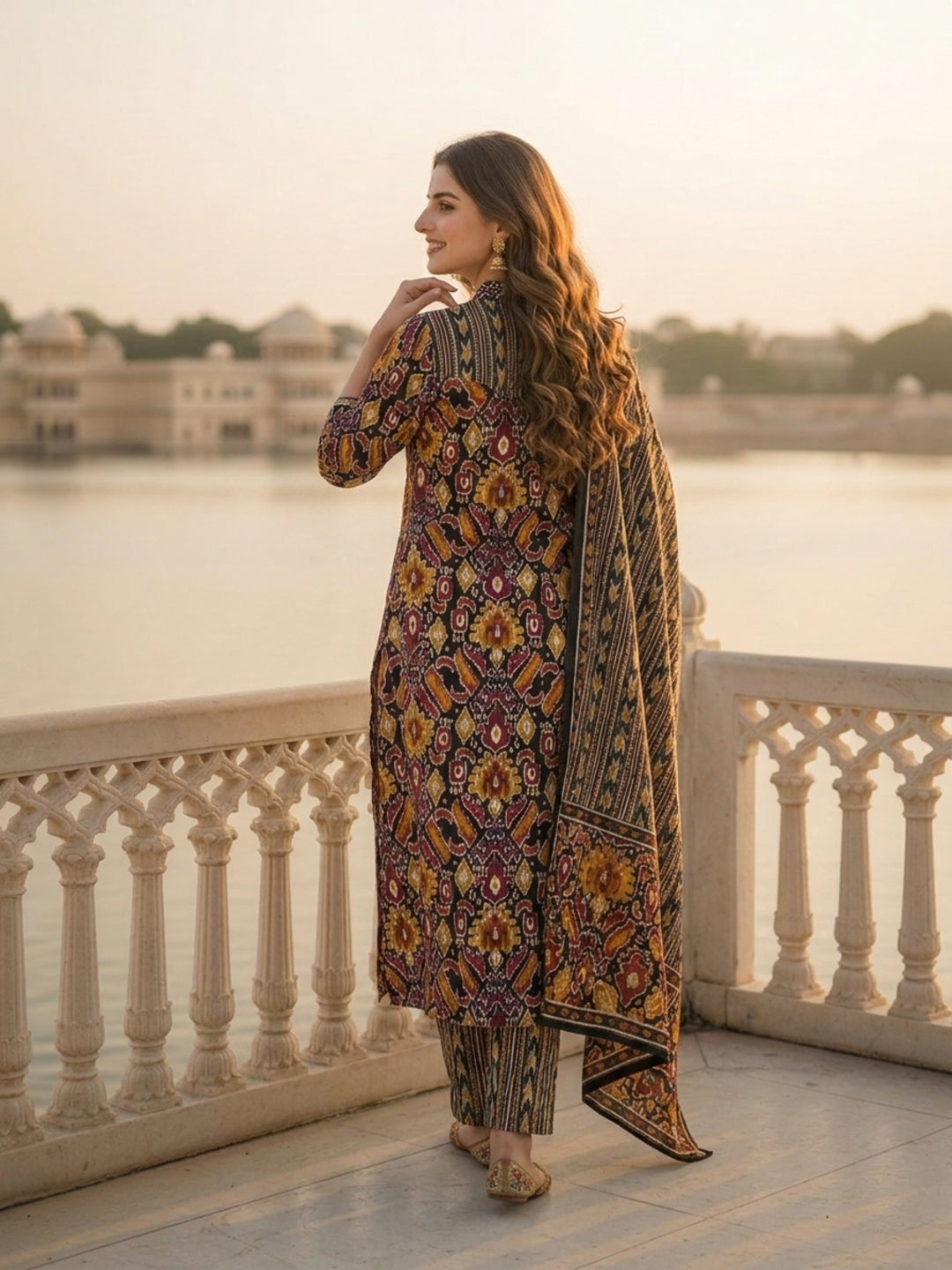 Ethnic Floral & Geometric Printed Straight Kurta with Pant & Dupatta - Black & Multicolour