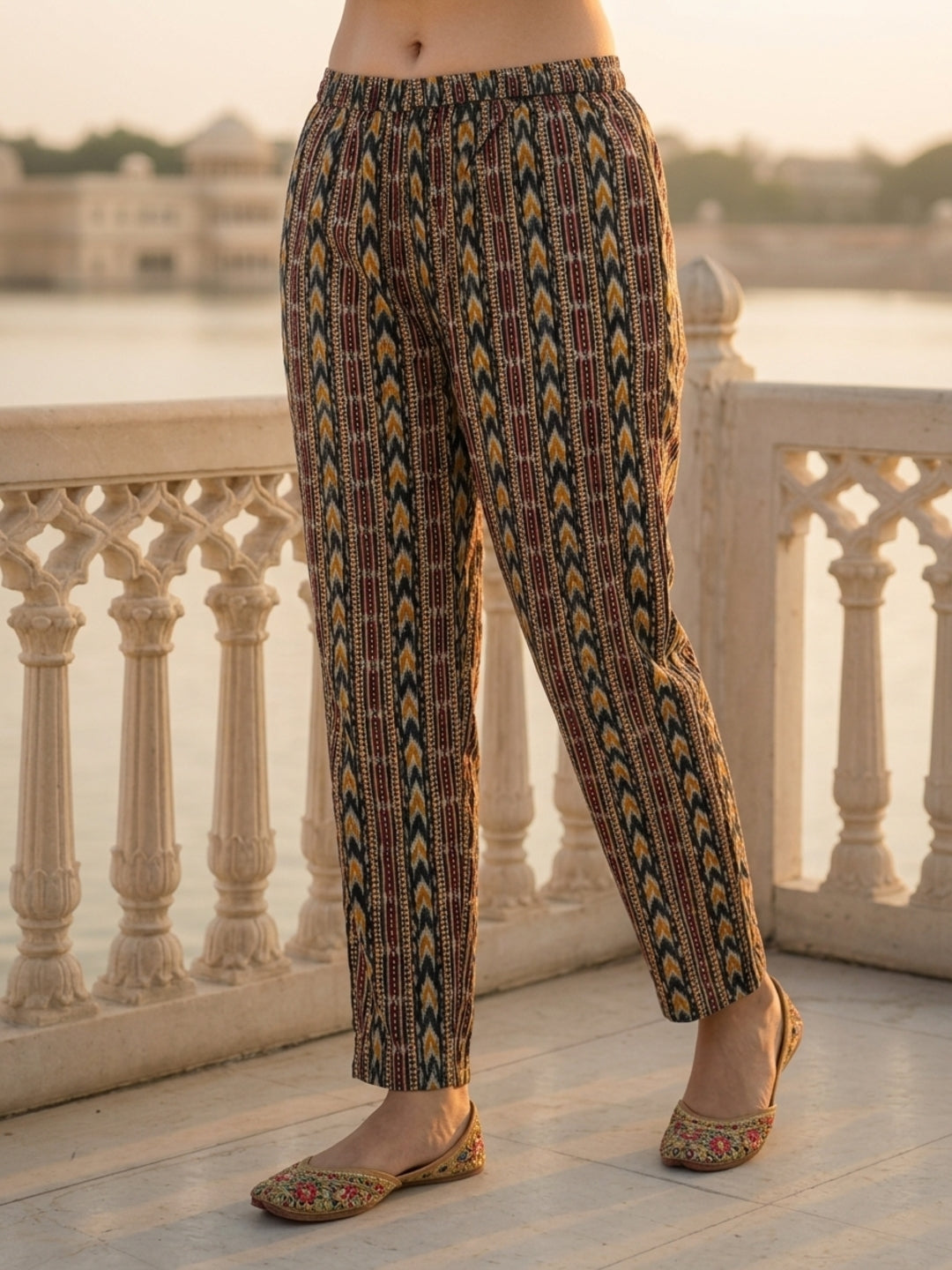 Ethnic Floral & Geometric Printed Straight Kurta with Pant & Dupatta - Black & Multicolour