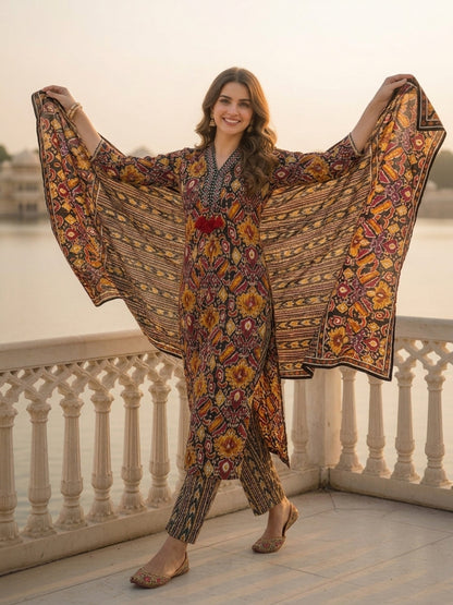 Ethnic Floral & Geometric Printed Straight Kurta with Pant & Dupatta - Black & Multicolour