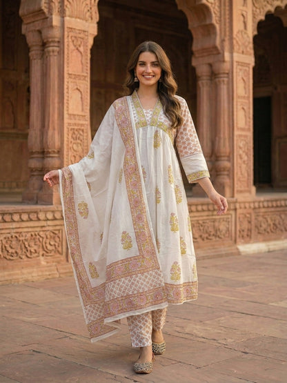 Mughal Print Empire Cut Cotton Kurta Set with Pant & Voile Dupatta - Peach
