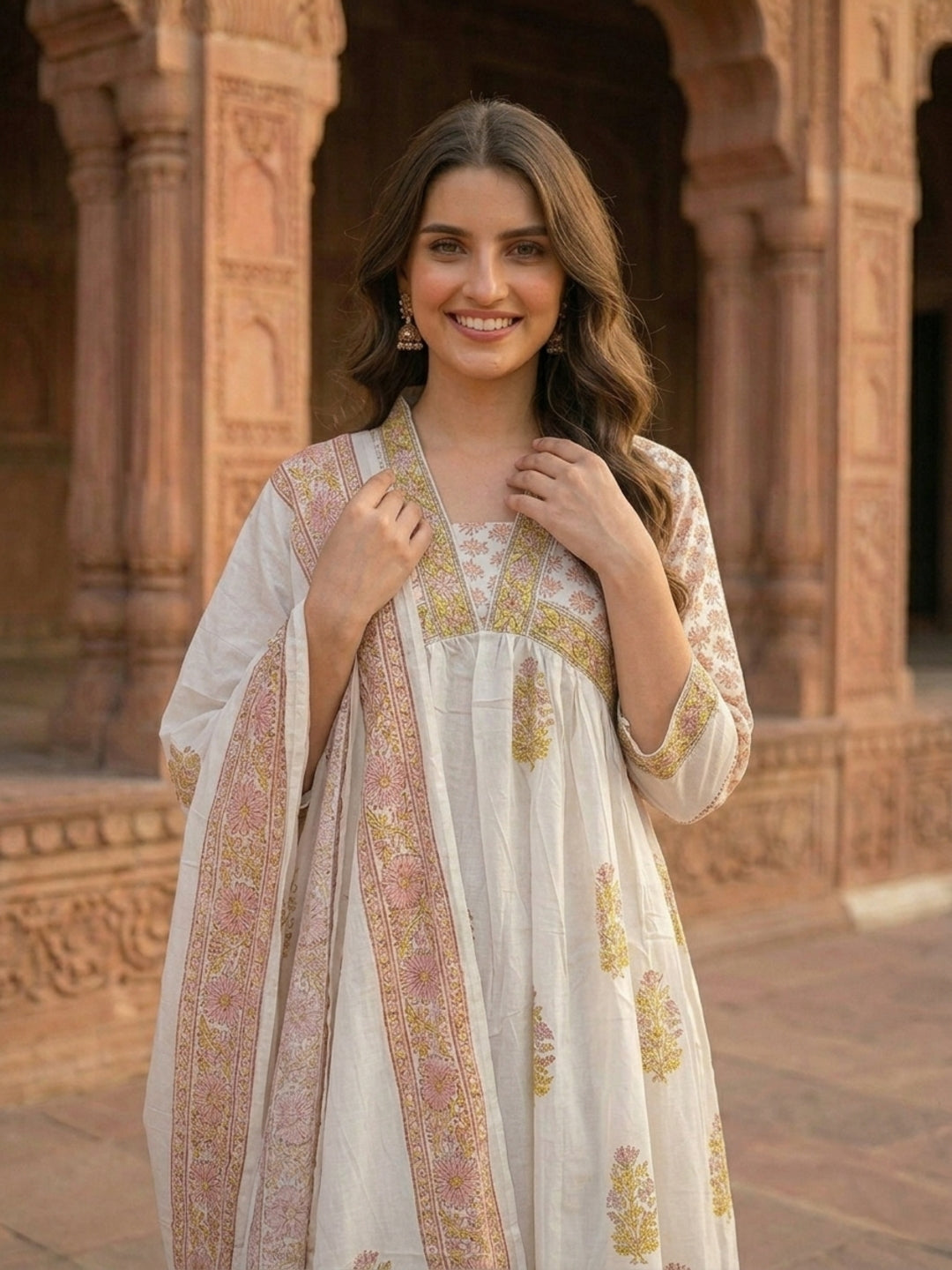 Mughal Print Empire Cut Cotton Kurta Set with Pant & Voile Dupatta - Peach