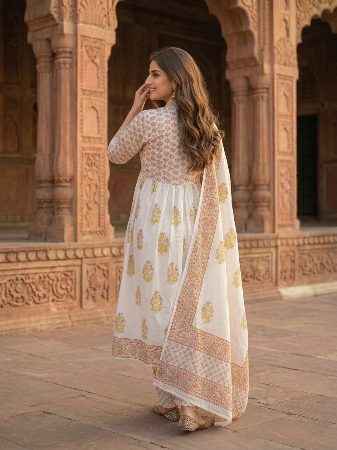 Mughal Print Empire Cut Cotton Kurta Set with Pant & Voile Dupatta - Peach