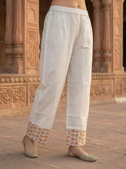 Mughal Print Empire Cut Cotton Kurta Set with Pant & Voile Dupatta - Peach