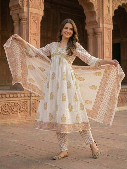Mughal Print Empire Cut Cotton Kurta Set with Pant & Voile Dupatta - Peach