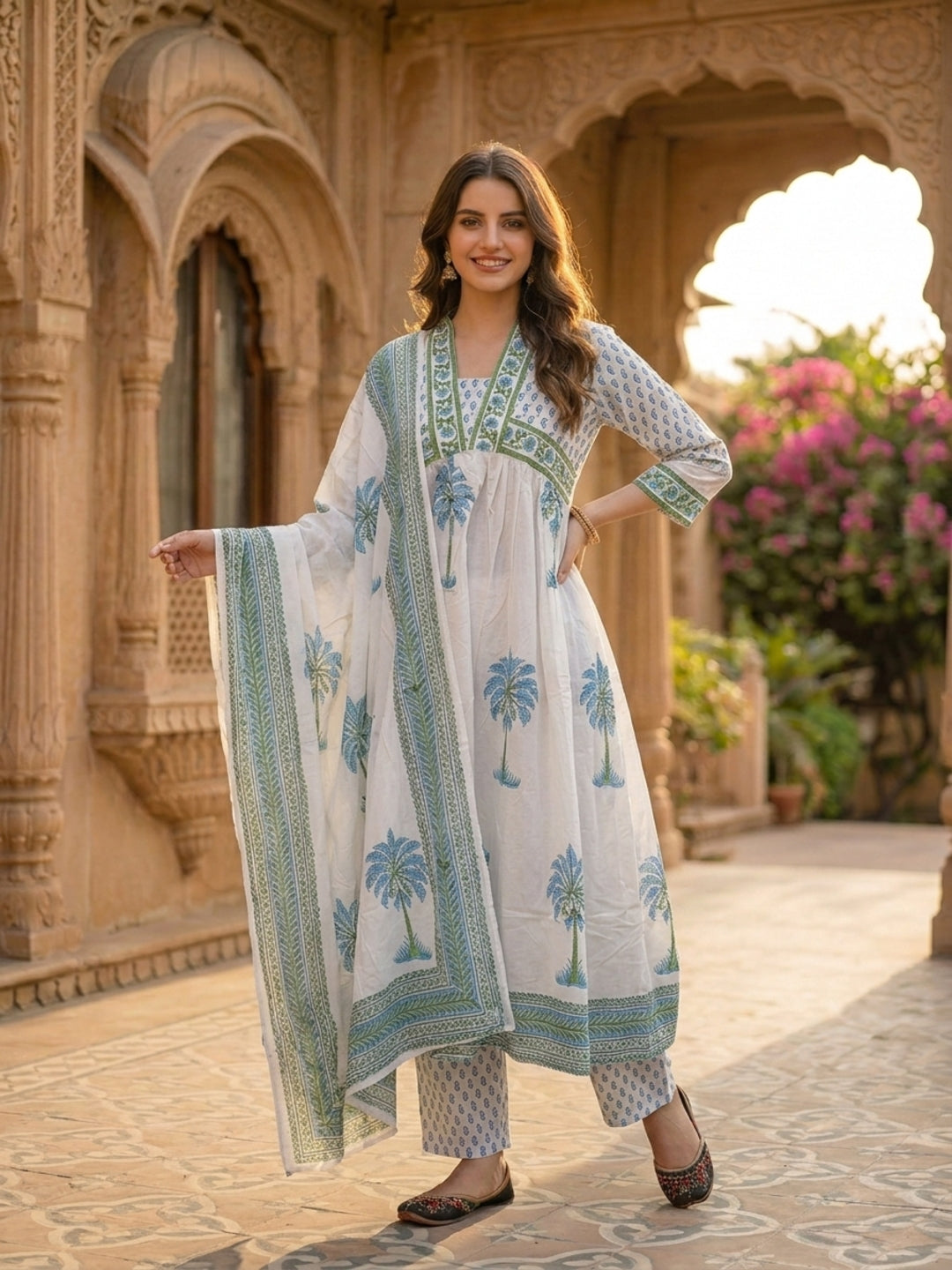 Mughal Ethnic Printed Mirror Work A-Line Kurta with Trouser & Dupatta - Blue & White