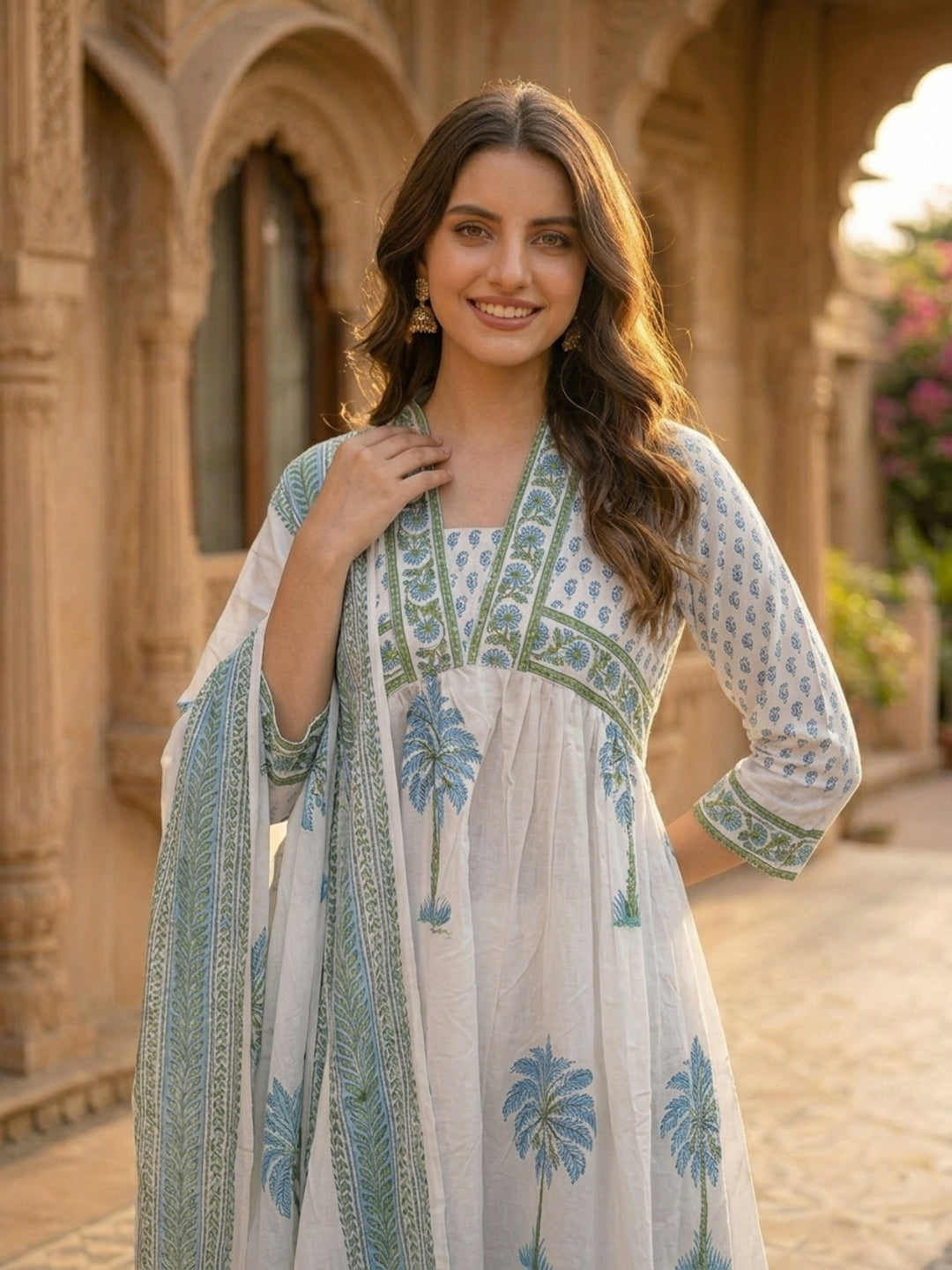 Mughal Ethnic Printed Mirror Work A-Line Kurta with Trouser & Dupatta - Blue & White