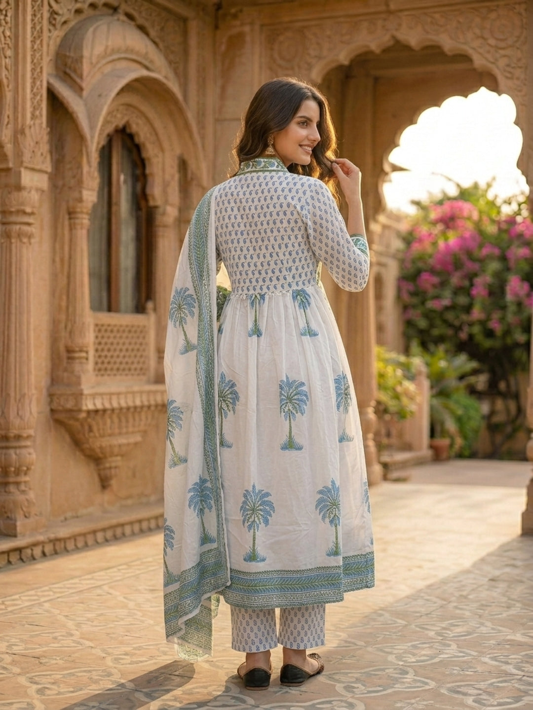 Mughal Ethnic Printed Mirror Work A-Line Kurta with Trouser & Dupatta - Blue & White