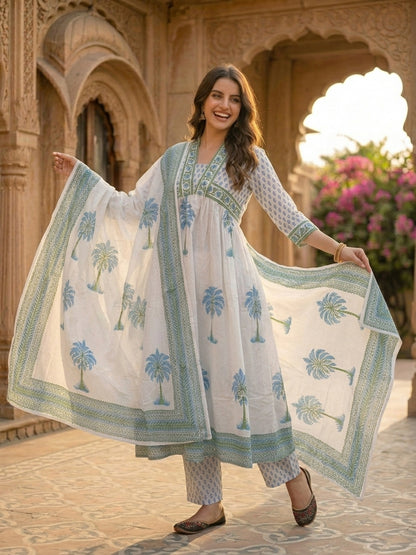 Mughal Ethnic Printed Mirror Work A-Line Kurta with Trouser & Dupatta - Blue & White