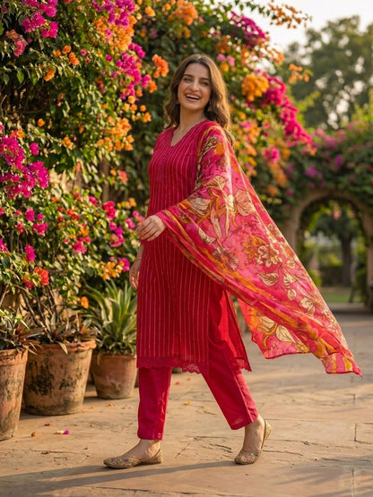Stripes Printed Straight Kurta with Pant & Dupatta - Maroon