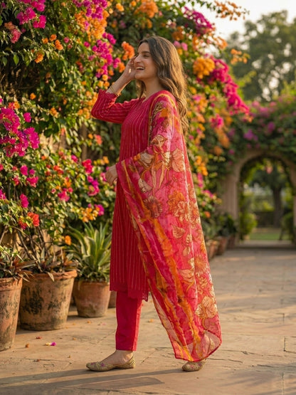 Stripes Printed Straight Kurta with Pant & Dupatta - Maroon