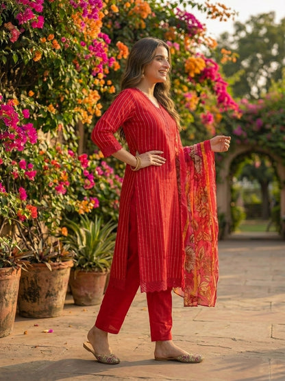 Stripes Printed Straight Kurta with Pant & Dupatta - Maroon