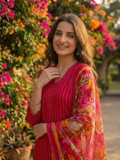 Stripes Printed Straight Kurta with Pant & Dupatta - Maroon