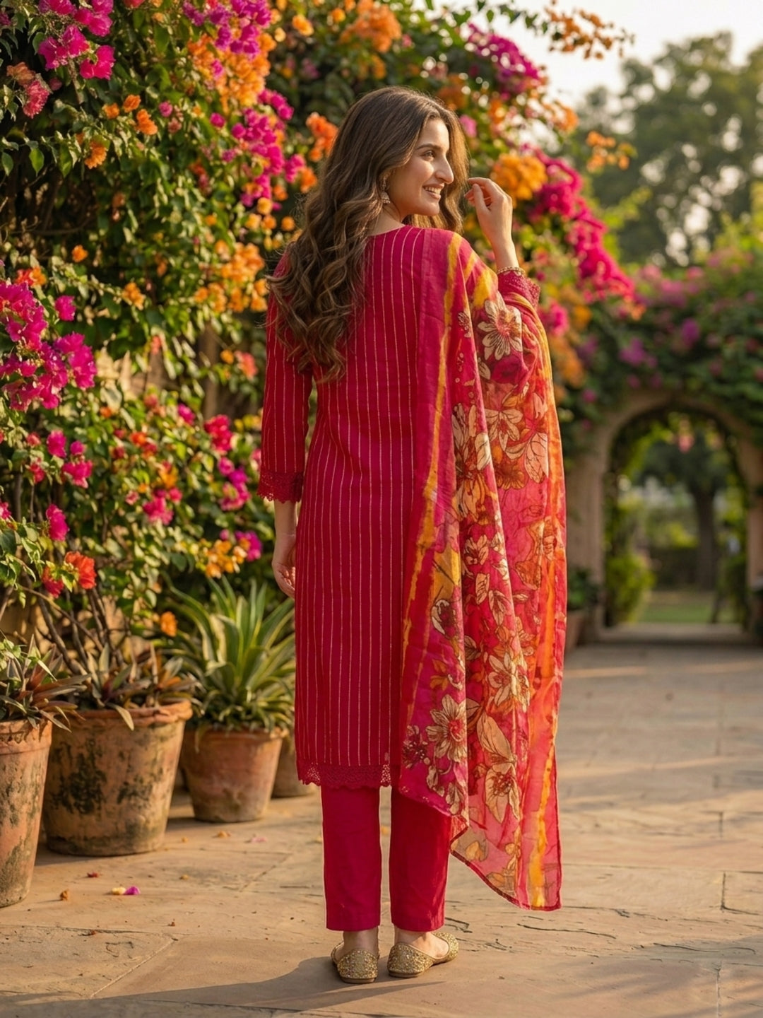 Stripes Printed Straight Kurta with Pant & Dupatta - Maroon
