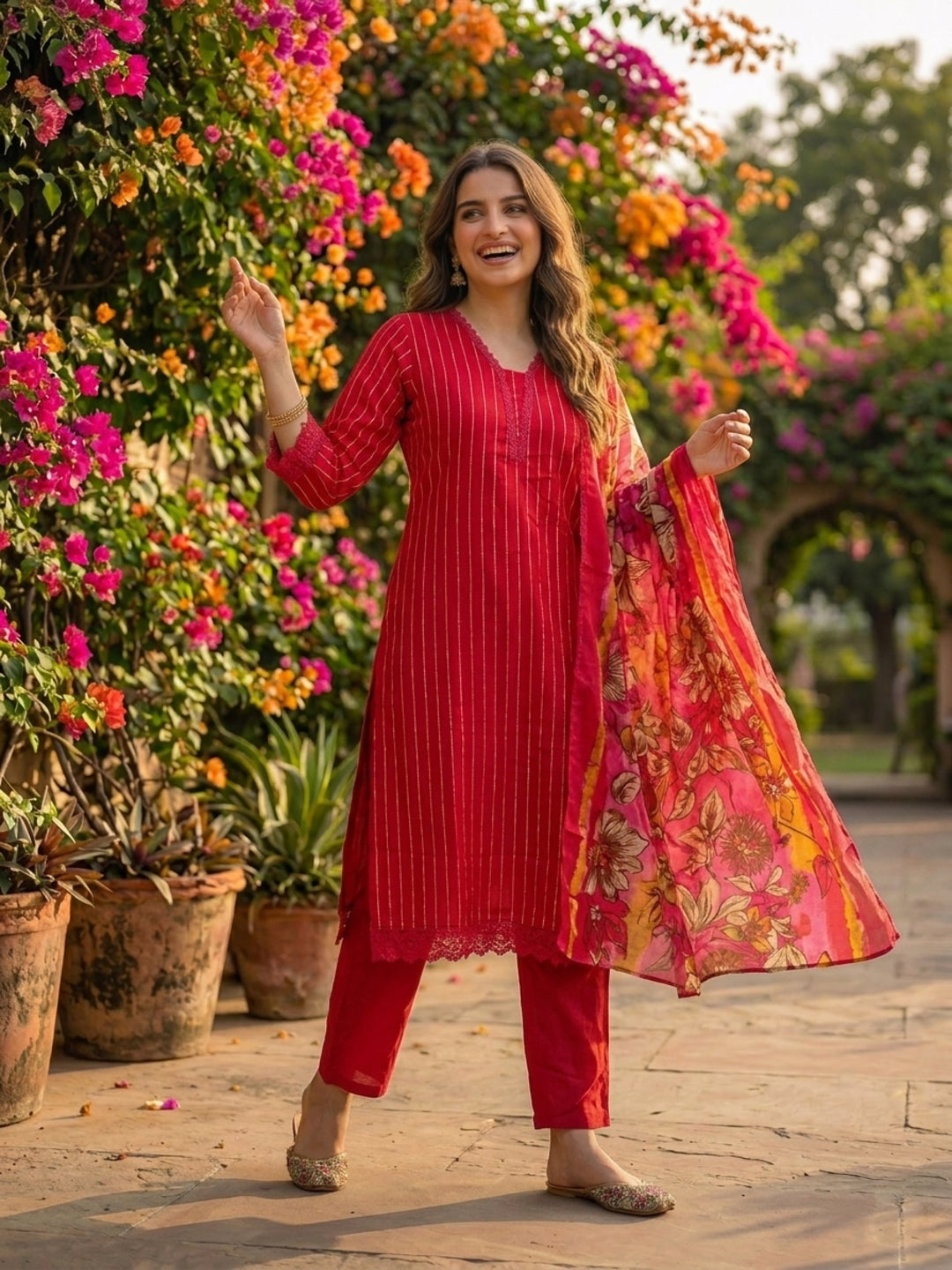 Stripes Printed Straight Kurta with Pant & Dupatta - Maroon