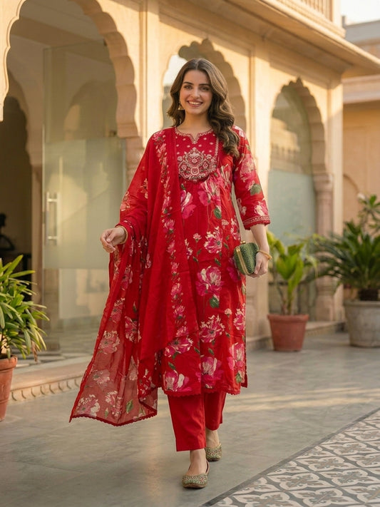 Floral Printed & Embroidered Anarkali Kurta with Pant & Dupatta - Red