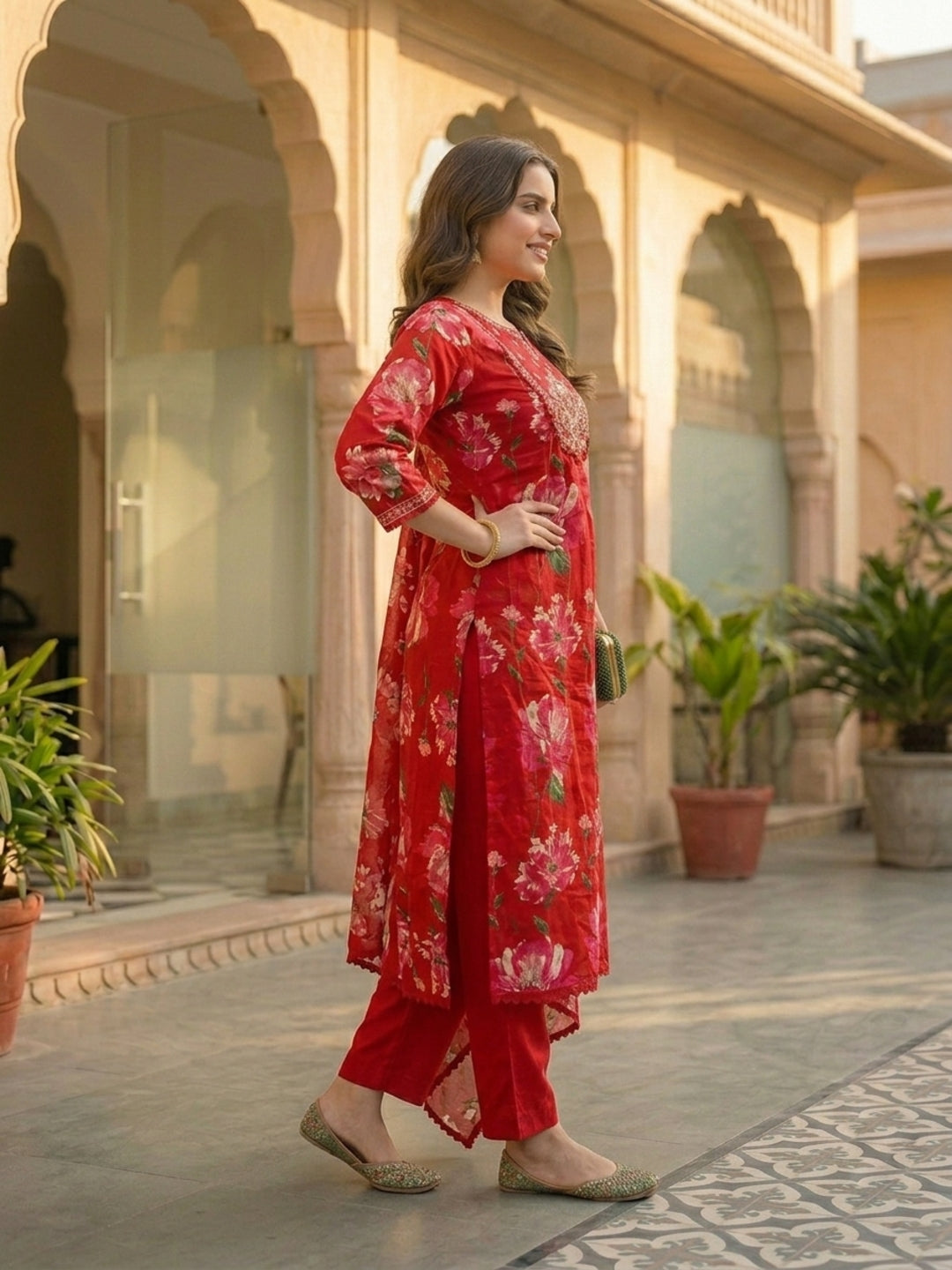 Floral Printed & Embroidered Anarkali Kurta with Pant & Dupatta - Red