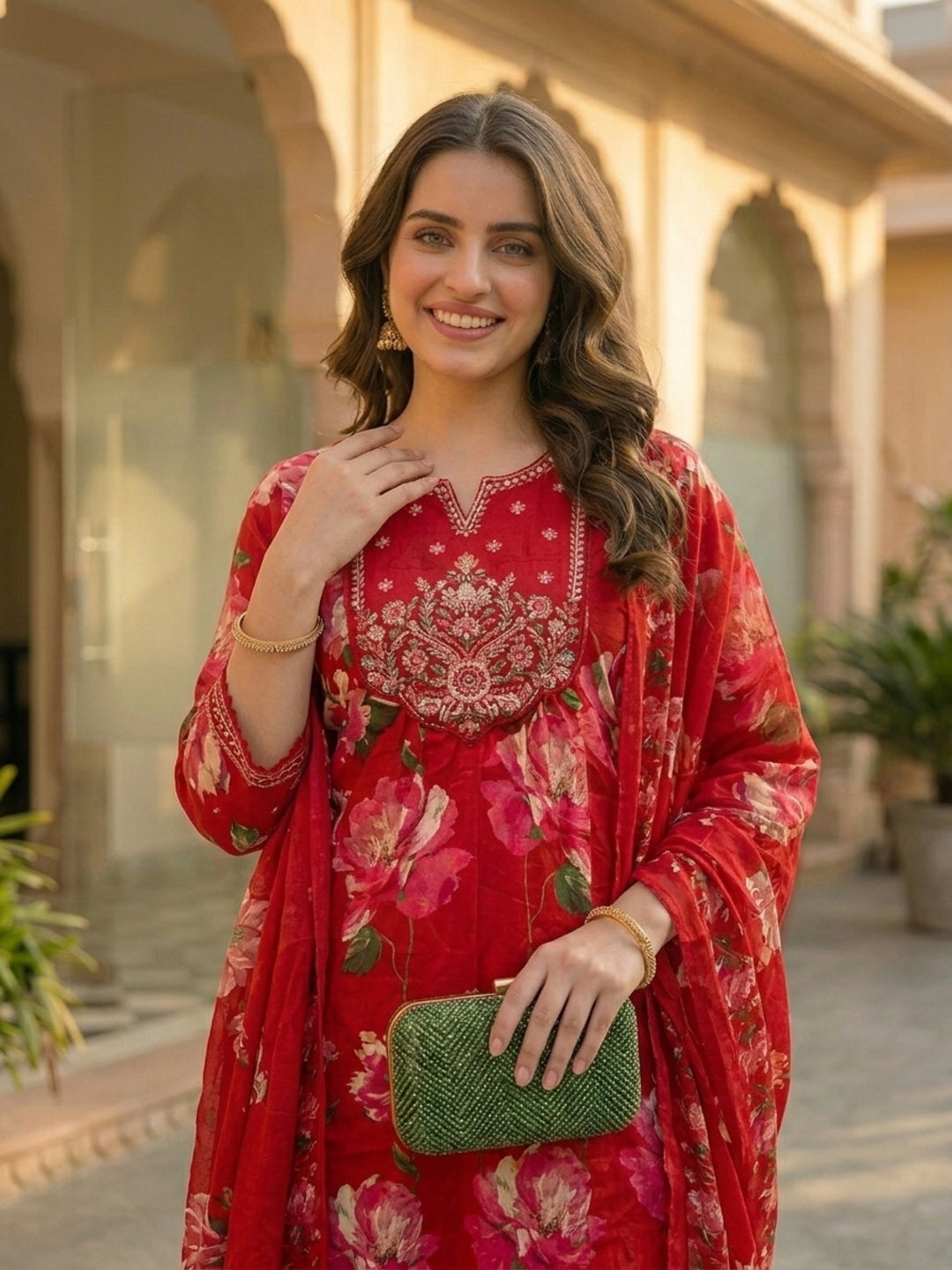 Floral Printed & Embroidered Anarkali Kurta with Pant & Dupatta - Red