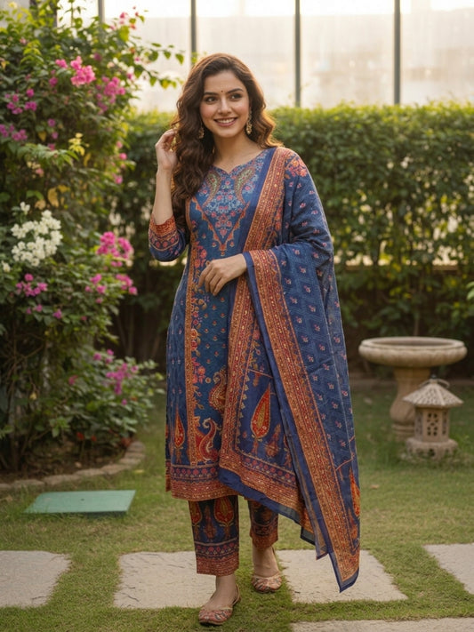 Ethnic Floral Printed Straight Kurta with Pant & Dupatta - Blue