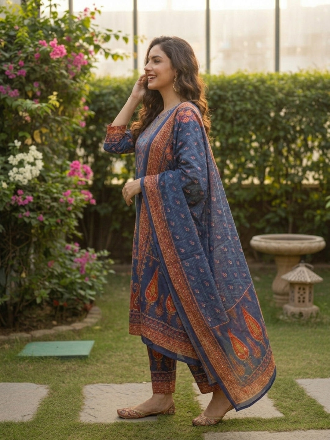 Ethnic Floral Printed Straight Kurta with Pant & Dupatta - Blue