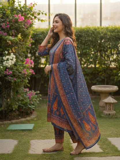 Ethnic Floral Printed Straight Kurta with Pant & Dupatta - Blue