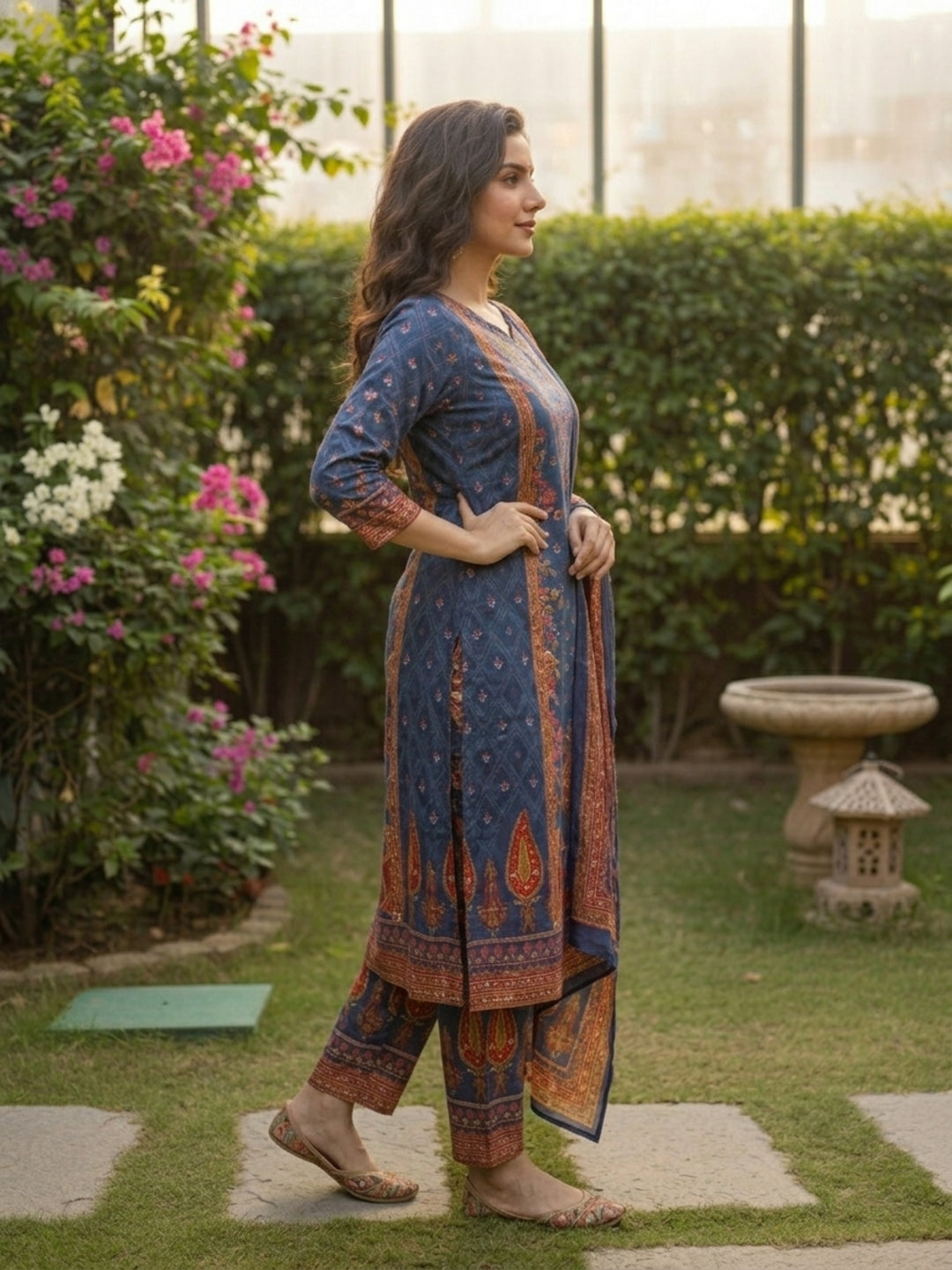 Ethnic Floral Printed Straight Kurta with Pant & Dupatta - Blue