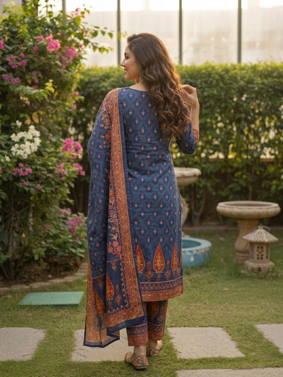 Ethnic Floral Printed Straight Kurta with Pant & Dupatta - Blue