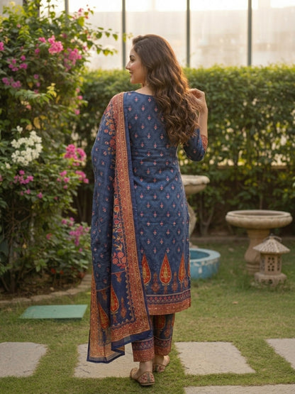 Ethnic Floral Printed Straight Kurta with Pant & Dupatta - Blue