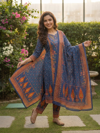 Ethnic Floral Printed Straight Kurta with Pant & Dupatta - Blue