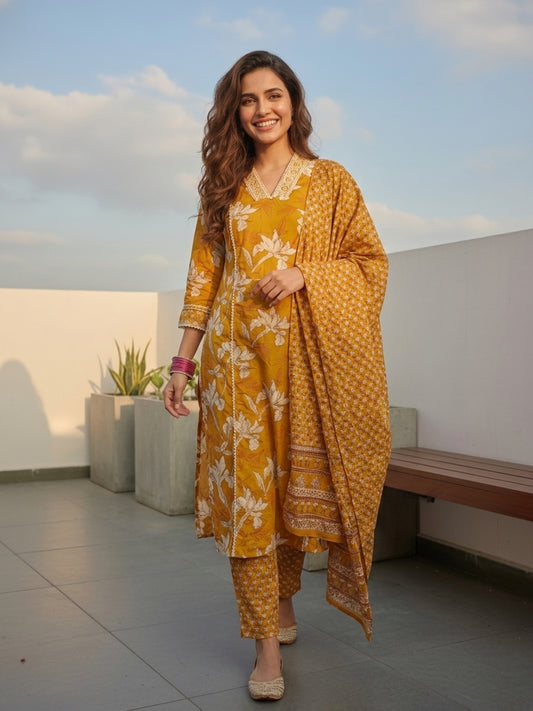 Floral Printed & Embroidered Straight Kurta with Pant & Dupatta - Yellow
