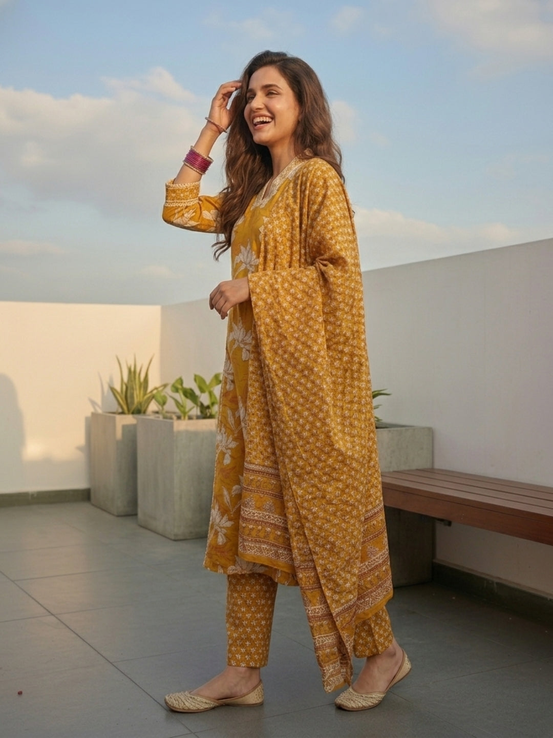 Floral Printed & Embroidered Straight Kurta with Pant & Dupatta - Yellow