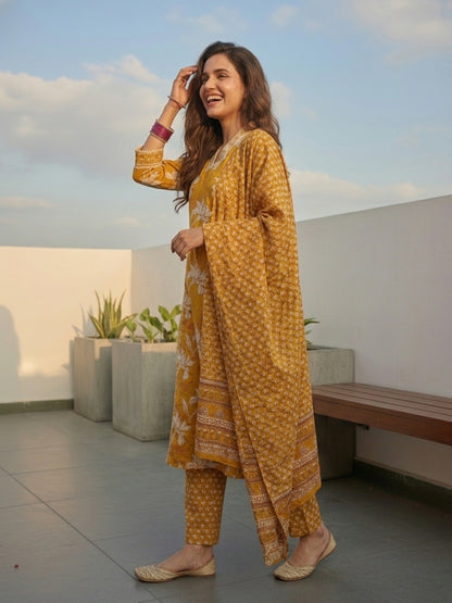 Floral Printed & Embroidered Straight Kurta with Pant & Dupatta - Yellow