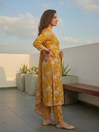 Floral Printed & Embroidered Straight Kurta with Pant & Dupatta - Yellow
