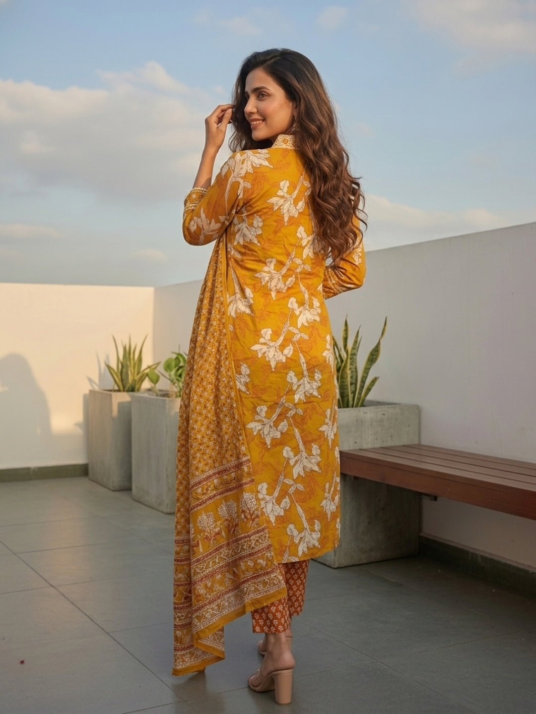 Floral Printed & Embroidered Straight Kurta with Pant & Dupatta - Yellow