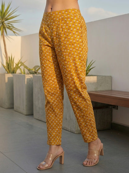 Floral Printed & Embroidered Straight Kurta with Pant & Dupatta - Yellow