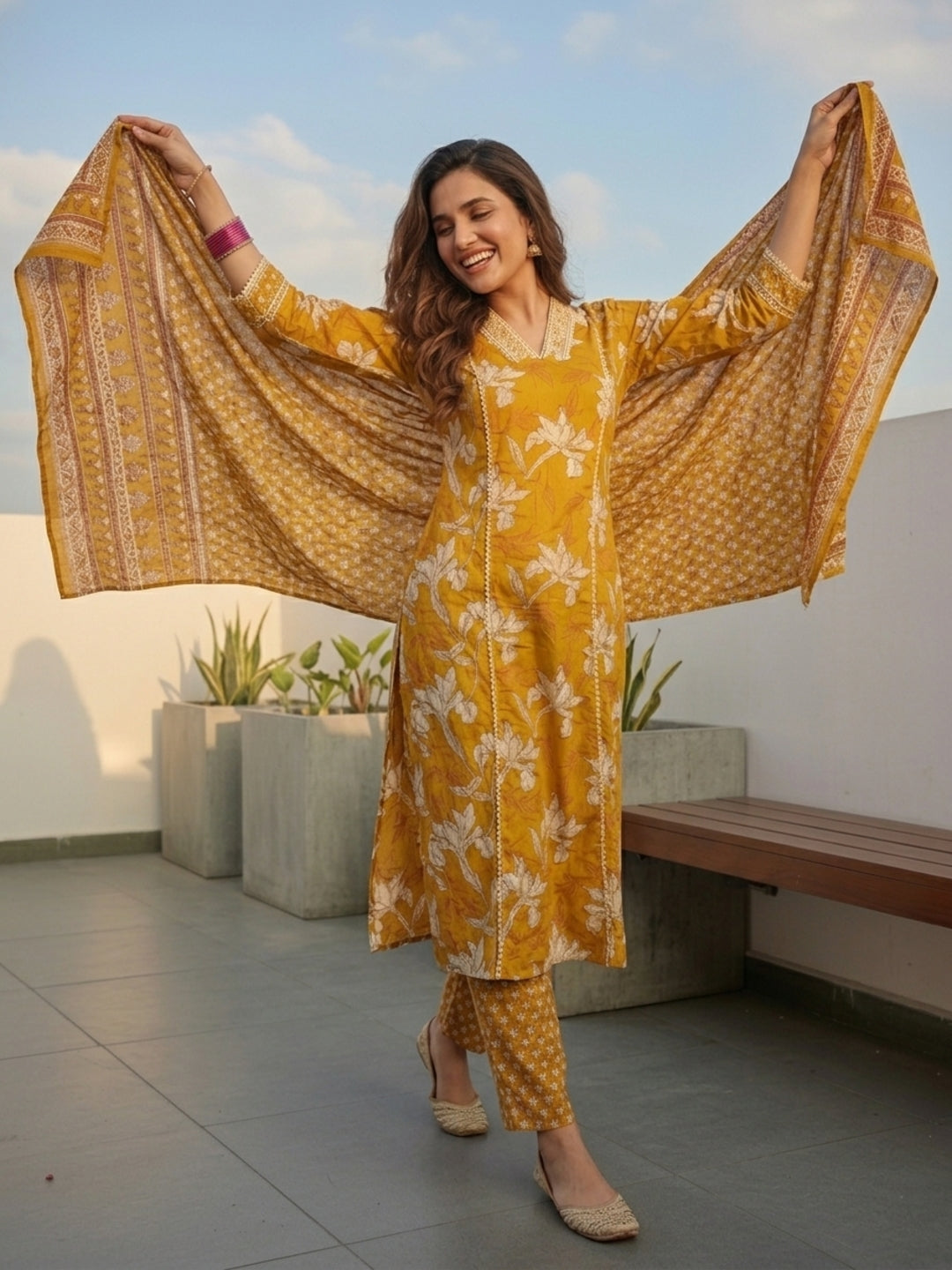 Floral Printed & Embroidered Straight Kurta with Pant & Dupatta - Yellow