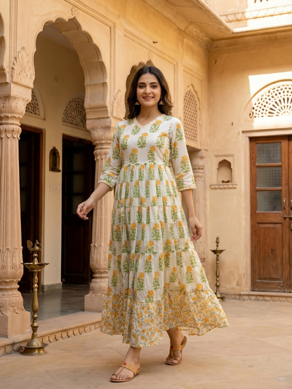 Floral Block Printed & Embroidered A-Line Pleated Maxi Dress - White