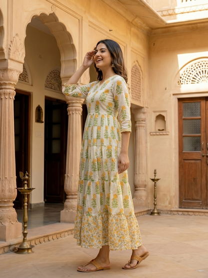 Floral Block Printed & Embroidered A-Line Pleated Maxi Dress - White