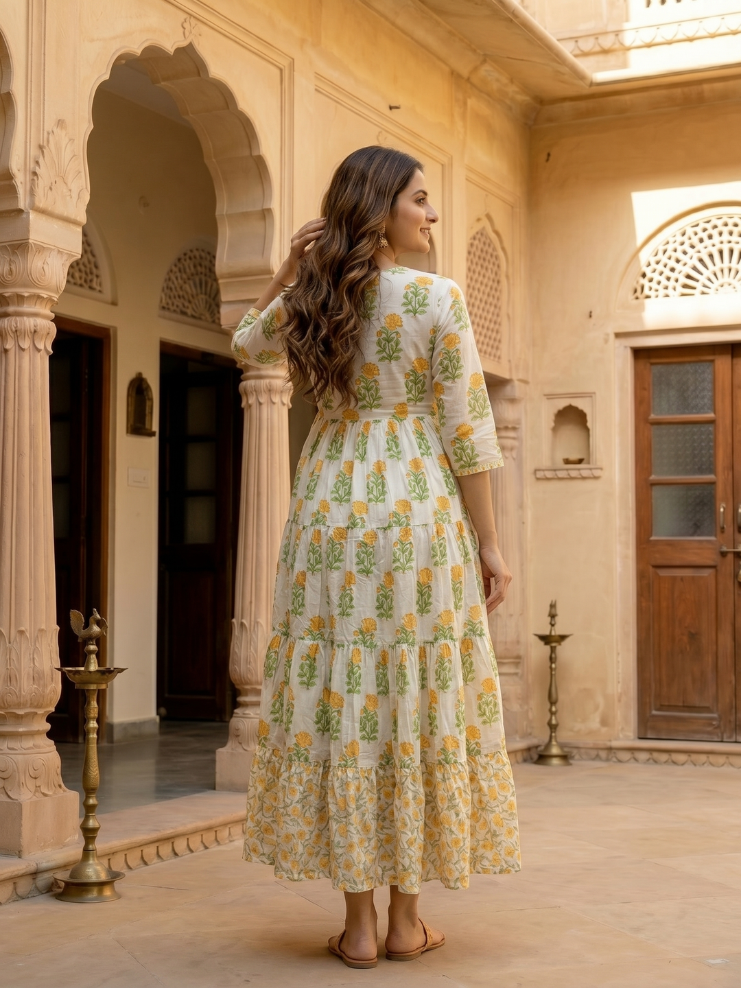 Off White Floral Block Printed Embroidered Cotton A-Line Pleated Maxi Dress | Fashor FASHOR Off White Floral Block Printed Embroidered Cotton A-Line Pleated Maxi Dress | Fashor FASHOR