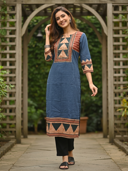 Geometric Printed Mirror Work & Sequin Straight Kurta - Blue