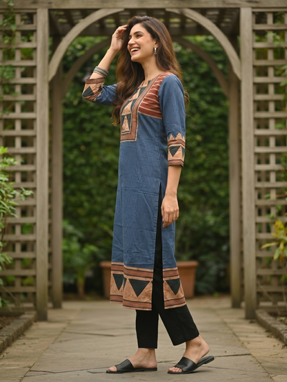 Geometric Printed Mirror Work & Sequin Straight Kurta - Blue