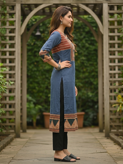 Geometric Printed Mirror Work & Sequin Straight Kurta - Blue